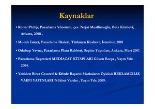 Kaynaklar
• Kotler Philip, Pazarlama Yönetimi, çev. Nejat Muallimoğlu, Beta Kitabevi,
         Philip,                     çev.       Muallimoğlu,      Kitabevi,
   Ankara, 2000 .

• Mucuk İsmet, Pazarlama İlkeleri, Türkmen Kitabevi, İstanbul, 2001
                                           Kitabevi,

• Odabaşı Yavuz, Pazarlama Planı Rehberi, Seçkin Yayınları, Ankara, Mart 2001

• Pazarlama Reçeteleri MEDİACAT KİTAPLARI Güven Borça , Yayın Yılı:
   2004.

• Yeniden Biraz Cesaret! & Krizde Başarılı Markaların Öyküsü REKLAMCILIK
   VAKFI YAYINLARI Nükhet Vardar , Yayın Yılı: 2009.
 