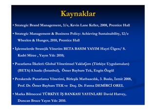Kaynaklar
• Strategic Brand Management, 3/e, Kevin Lane Keller, 2008, Prentice Hall
                  Management,

• Strategic Management & Business Policy: Achieving Sustainability, 12/e
                                  Policy:           Sustainability,
   Wheelen & Hunger, 2010, Prentice Hall
             Hunger,

• İşletmelerde Stratejik Yönetim BETA BASIM YAYIM Hayri Ülgen/ S.
                                                        Ülgen/
   Kadri Mirze , Yayın Yılı: 2010;

• Pazarlama İlkeleri: Global Yönetimsel YaklaĢım (Türkiye Uygulamaları)
   (BETA) 8.baskı (İstanbul), Ömer Baybars Tek, Engin Özgül

• Perakende Pazarlama Yönetimi, Birleşik Matbaacılık, 3. Baskı, İzmir 2008,
   Prof. Dr. Ömer Baybars TEK ve Doç. Dr. Fatma DEMİRCİ OREL

• Marka Bilmecesi TÜRKİYE İŞ BANKASI YAYINLARI David Harvey,
                                                     Harvey,
   Duncan Bruce Yayın Yılı: 2010.
 