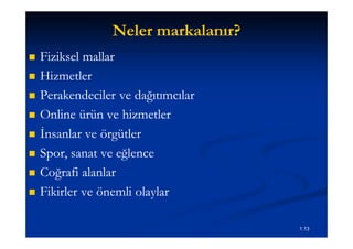 Neler markalanır?
   Fiziksel mallar
   Hizmetler
   Perakendeciler ve dağıtımcılar
   Online ürün ve hizmetler
   İnsanlar ve örgütler
   Spor, sanat ve eğlence
   Coğrafi alanlar
   Fikirler ve önemli olaylar

                                      1.13
 