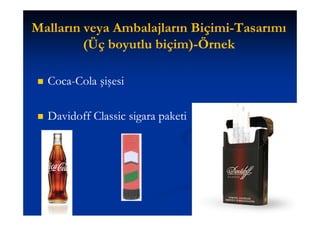Malların veya Ambalajların Biçimi-Tasarımı
                           Biçimi-
         (Üç boyutlu biçim)-Örnek
                     biçim)-

   Coca-
    Coca-Cola şişesi

   Davidoff Classic sigara paketi
 