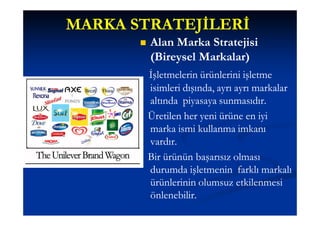 MARKA STRATEJİLERİ
          Alan Marka Stratejisi
           (Bireysel Markalar)
           İşletmelerin ürünlerini işletme
           isimleri dışında, ayrı ayrı markalar
           altında piyasaya sunmasıdır.
           Üretilen her yeni ürüne en iyi
           marka ismi kullanma imkanı
           vardır.
           Bir ürünün başarısız olması
           durumda işletmenin farklı markalı
           ürünlerinin olumsuz etkilenmesi
           önlenebilir.
 