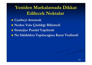Yeniden Markalamada Dikkat
         Edilecek Noktalar
   Cazibeyi Artırmalı
   Neden Yola Çıkıldığı Bilinmeli
   Stratejiye Paralel Yapılmalı
   Ne Sıklıklıkta Yapılacağına Karar Verilmeli




                                              3.80
 