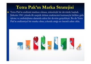 Tetra Pak’ın Marka Stratejisi
   Tetra Pak’ın endüstri markası olması, teknolojik bir devrimle başladı.
    Şirketin 1961 yılında ilk aseptik dolum makinesini kurmasıyla birlikte gıda
    işleme ve ambalajlama alanında adeta bir devrim gerçekleşti. Bu da Tetra
    Pak’ın endüstriyel bir marka olma yolunda attığı en önemli adım oldu.




                                                                        3.84
 