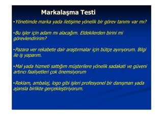 Markalaşma Testi
•Yönetimde marka yada iletişime yönelik bir görev tanımı var mı?

•Bu işler için adam mı alacağım. Eldekilerden birini mi
görevlendiririm?

•Pazara ver rekabete dair araştırmalar için bütçe ayırıyorum. Bilgi
ile iş yaparım.

•Mal yada hizmeti sattığım müşterilere yönelik sadakati ve güveni
artırıcı faaliyetleri çok önemsiyorum

•Reklam, ambalaj, logo gibi işleri profesyonel bir danışman yada
ajansla birlikte gerçekleştiriyorum.
 