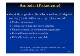 Ambalaj (Paketleme)
   Gerek firma gerekse tüketiciler açısından bakıldığında
    ambalaj (paket) farklı amaçları gerçekleştirmelidir.
     Markayı tanımlamalı
     Tanımlayıcı ve ikna edici bilgiyi aktarmalı

     Ürünün taşınması ve korunmasını sağlamalıdır

     Evde saklanmaya imkan vermelidir.

     Ürün tüketimine yardımcı olmalıdır.




             Susan B. Bassin, “Value-Added Packaging Cuts through Store Clutter,”
                              “Value-
             Marketing News, 26 September 1988, 21.
                                                                                    4.90
 