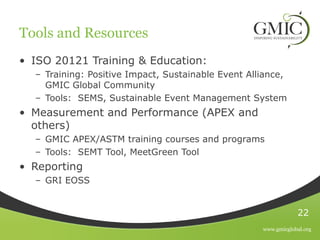 Tools and Resources
• ISO 20121 Training & Education:
  – Training: Positive Impact, Sustainable Event Alliance,
    GMIC Global Community
  – Tools: SEMS, Sustainable Event Management System
• Measurement and Performance (APEX and
  others)
  – GMIC APEX/ASTM training courses and programs
  – Tools: SEMT Tool, MeetGreen Tool
• Reporting
  – GRI EOSS


                                                                22
                                                    www.gmicglobal.org
 