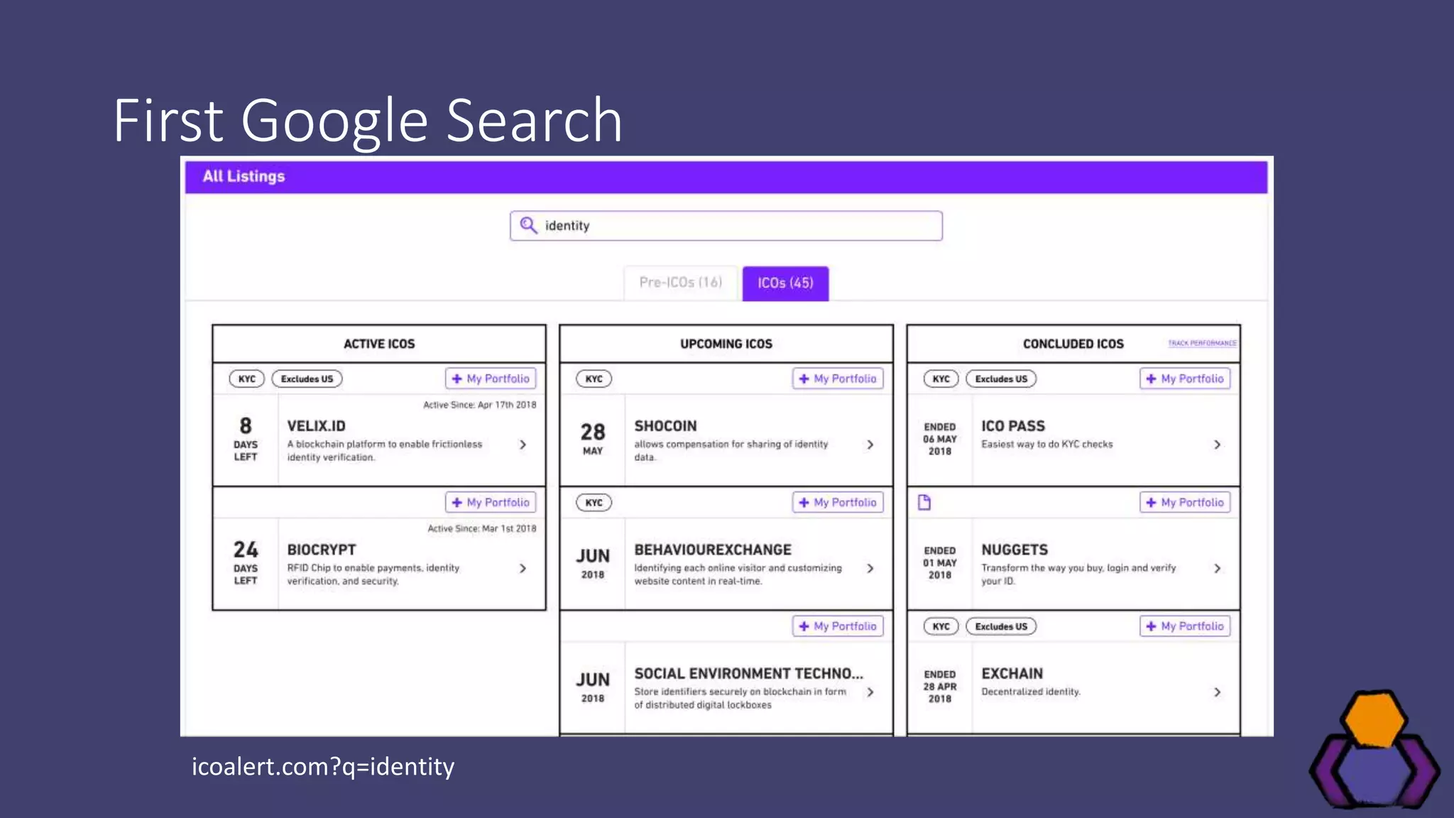 First Google Search
icoalert.com?q=identity
 