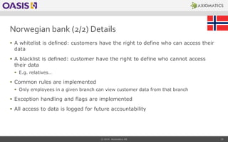 Norwegian bank (2/2) Details
 A whitelist is defined: customers have the right to define who can access their
data
 A bl...