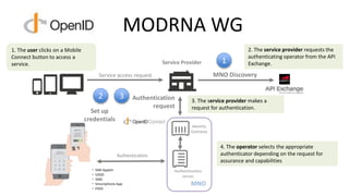 MODRNA WG
2. The service provider requests the
authenticating operator from the API
Exchange.
3. The service provider make...