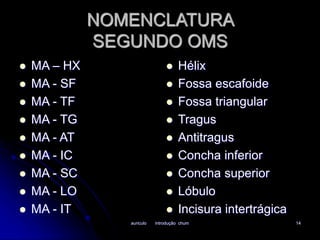 NOMENCLATURA 
SEGUNDO OMS 
auriculo introdução chum 14 
 MA – HX 
 MA - SF 
 MA - TF 
 MA - TG 
 MA - AT 
 MA - IC 
 MA - SC 
 MA - LO 
 MA - IT 
 Hélix 
 Fossa escafoide 
 Fossa triangular 
 Tragus 
 Antitragus 
 Concha inferior 
 Concha superior 
 Lóbulo 
 Incisura intertrágica 
 