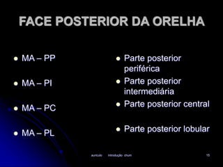 FACE POSTERIOR DA ORELHA 
auriculo introdução chum 15 
 MA – PP 
 MA – PI 
 MA – PC 
 MA – PL 
 Parte posterior 
periférica 
 Parte posterior 
intermediária 
 Parte posterior central 
 Parte posterior lobular 
 