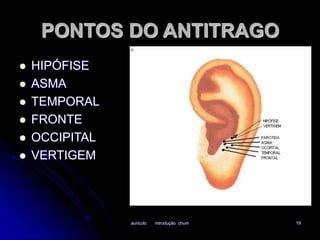 PONTOS DO ANTITRAGO 
auriculo introdução chum 19 
 HIPÓFISE 
 ASMA 
 TEMPORAL 
 FRONTE 
 OCCIPITAL 
 VERTIGEM 
 