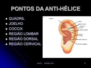 PONTOS DA ANTI-HÉLICE 
auriculo introdução chum 21 
 QUADRIL 
 JOELHO 
 COCCIX 
 REGIÃO LOMBAR 
 REGIÃO DORSAL 
 REGIÃO CERVICAL 
 