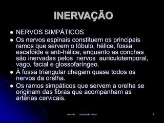 INERVAÇÃO 
 NERVOS SIMPÁTICOS 
 Os nervos espinais constituem os principais 
ramos que servem o lóbulo, hélice, fossa 
escafóide e anti-hélice, enquanto as conchas 
são inervadas pelos nervos auriculotemporal, 
vago, facial e glossofaríngeo. 
 À fossa triangular chegam quase todos os 
auriculo introdução chum 9 
nervos da orelha. 
 Os ramos simpáticos que servem a orelha se 
originam das fibras que acompanham as 
artérias cervicais. 
 