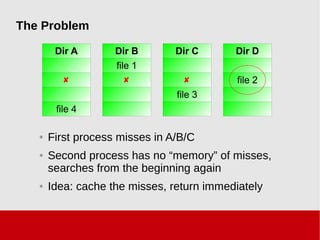 The Problem
Dir A

file 4
Dir B
file 1

Dir C

file 3
Dir D
file 2
● First process misses in A/B/C
● Second process has no “memory” of misses,
searches from the beginning again
● Idea: cache the misses, return immediately
 