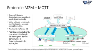 Protocolo M2M – MQTT
• Desenvolvido para
dispositivos com restrição de
banda de comunicação
• Muito utilizado em conexões
com localizações remotas,
aplicações mobile.
• Atualmente na Versão 3.1
• Padrão publish/subscribe
que provê distribuição
de mensagens de um-
para-muitos e
desacoplamento de
aplicações
Fonte: https://www.ibm.com/developerworks/community/blogs/c565c720-fe84-4f63-873f-607d87787327/entry/tc_overview?lang=en
 