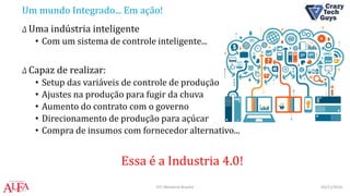 Um mundo Integrado... Em ação!
Δ Uma indústria inteligente
• Com um sistema de controle inteligente...
Δ Capaz de realizar:
• Setup das variáveis de controle de produção
• Ajustes na produção para fugir da chuva
• Aumento do contrato com o governo
• Direcionamento de produção para açúcar
• Compra de insumos com fornecedor alternativo...
Essa é a Industria 4.0!
03/11/2016IOT Weekend Brasília
 