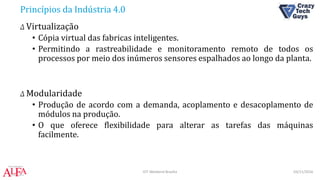 Princípios da Indústria 4.0
Δ Virtualização
• Cópia virtual das fabricas inteligentes.
• Permitindo a rastreabilidade e monitoramento remoto de todos os
processos por meio dos inúmeros sensores espalhados ao longo da planta.
Δ Modularidade
• Produção de acordo com a demanda, acoplamento e desacoplamento de
módulos na produção.
• O que oferece flexibilidade para alterar as tarefas das máquinas
facilmente.
03/11/2016IOT Weekend Brasília
 