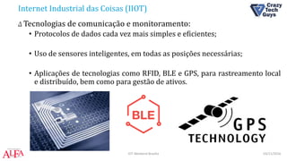 Internet Industrial das Coisas (IIOT)
Δ Tecnologias de comunicação e monitoramento:
• Protocolos de dados cada vez mais simples e eficientes;
• Uso de sensores inteligentes, em todas as posições necessárias;
• Aplicações de tecnologias como RFID, BLE e GPS, para rastreamento local
e distribuído, bem como para gestão de ativos.
03/11/2016IOT Weekend Brasília
 