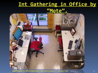 Int Gathering in Office by
                  “Mote”.




Smart Materials For Military Applications   EICC-161 13-14 Apr 12   Anupam Tiwari   29/04/12   15
 