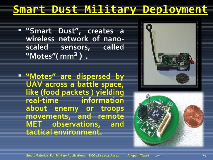 Smart Dust Military Deployment “Smart Dust”, creates a wireless network of nano- scaled    sensors,  called “Motes”( mm³ ...