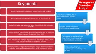 Key points
Motorcycle industry in India did not grow in 2015-16 over 2014-15
Royal Enfield’s market share has grown to 4.7% in year 2015-16.
it added nearly 100 new dealerships taking the total dealership network to
over 500.
Company launched the Himalayan, a motorcycle purpose-built for adventure
and touring in the Himalayas in March 2016.
Sales of motorcycles of engine displacement of 150cc engine in 2015-16 has
grown from 12.0% in 2013-14 to 22.2% in 2015-16.
Company continues to grow handsomely and enjoys a dominant position in
250cc and above segment where it enjoys a 96.1% market share in India.
Management
Discussion
Analysis
Company acquired U.K.-based
Harris Performance Products
Limited
Company is expected to built
900,000 motorcycles annually
Company set up twelve exclusive
Royal Enfield stores including five
in Colombia, two in London etc.
In international markets
registering an annualised growth
of 16.4%.
 