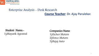 Enterprise Analysis - Desk Research
Course Teacher: Dr. Ajay Parulekar.
1
Student Name:-
1)Mayank Agrawal
Companies Name
1)Eicher Motors
2)Force Motors
3)Bajaj Auto
 