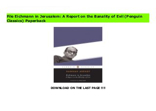 DOWNLOAD ON THE LAST PAGE !!!!
Download Here https://ebooklibrary.solutionsforyou.space/?book=0143039881 Sparking a flurry of heated debate, Hannah Arendt’s authoritative and stunning report on the trial of German Nazi leader Adolf Eichmann first appeared as a series of articles in The New Yorker in 1963. This revised edition includes material that came to light after the trial, as well as Arendt’s postscript directly addressing the controversy that arose over her account. A major journalistic triumph by an intellectual of singular influence, Eichmann in Jerusalem is as shocking as it is informative — an unflinching look at one of the most unsettling (and unsettled) issues of the twentieth century. Download Online PDF Eichmann in Jerusalem: A Report on the Banality of Evil (Penguin Classics) Download PDF Eichmann in Jerusalem: A Report on the Banality of Evil (Penguin Classics) Download Full PDF Eichmann in Jerusalem: A Report on the Banality of Evil (Penguin Classics)
File Eichmann in Jerusalem: A Report on the Banality of Evil (Penguin
Classics) Paperback
 