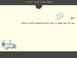 ‫דיון‬
‫ביחס‬ ‫זה‬ ‫משפט‬ ‫שונה‬ ‫היה‬ ‫במה‬‫לתהליכים‬‫בישראל‬ ‫אחרים‬ ‫משפטיים‬?
‫המשפט‬,‫הישראלית‬ ‫והחברה‬ ‫העדים‬
 