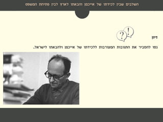 ‫דיון‬
‫נסו‬‫אייכמן‬ ‫של‬ ‫ללכידתו‬ ‫המעורבות‬ ‫התגובות‬ ‫את‬ ‫להסביר‬‫ולהבאתו‬‫לישראל‬.
‫השלבים‬‫לארץ‬ ‫והבאתו‬ ‫אייכמן‬ ‫של‬ ‫לכידתו‬ ‫שבין‬‫פתיחת‬ ‫לבין‬‫המשפט‬
 