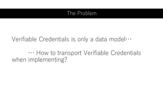 The Problem
Verifiable Credentials is only a data model…
… How to transport Verifiable Credentials
when implementing?
 