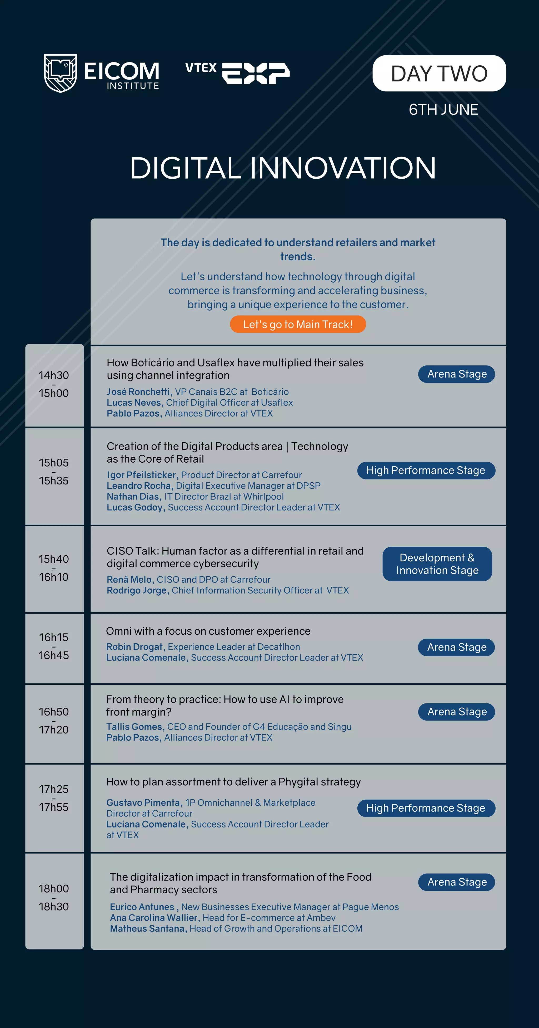 DIGITAL INNOVATION
Creation of the Digital Products area | Technology
as the Core of Retail
Igor Pfeilsticker, Product Director at Carrefour
Leandro Rocha, Digital Executive Manager at DPSP
Nathan Dias, IT Director Brazl at Whirlpool
Lucas Godoy, Success Account Director Leader at VTEX
14h30
-
15h00
15h05
-
15h35
15h40
-
16h10
16h15
-
16h45
16h50
-
17h20
17h25
-
17h55
Robin Drogat, Experience Leader at Decatlhon
Luciana Comenale, Success Account Director Leader at VTEX
Omni with a focus on customer experience
Tallis Gomes, CEO and Founder of G4 Educação and Singu
Pablo Pazos, Alliances Director at VTEX
From theory to practice: How to use AI to improve
front margin?
Gustavo Pimenta, 1P Omnichannel & Marketplace
Director at Carrefour
Luciana Comenale, Success Account Director Leader
at VTEX
How to plan assortment to deliver a Phygital strategy
Arena Stage
Arena Stage
Arena Stage
Arena Stage
18h00
-
18h30
The day is dedicated to understand retailers and market
trends.
Let's understand how technology through digital
commerce is transforming and accelerating business,
bringing a unique experience to the customer.
Let's go to Main Track!
High Performance Stage
High Performance Stage
DAY TWO
6TH JUNE
How Boticário and Usaflex have multiplied their sales
using channel integration
José Ronchetti, VP Canais B2C at Boticário
Lucas Neves, Chief Digital Officer at Usaflex
Pablo Pazos, Alliances Director at VTEX
Development &
Innovation Stage
CISO Talk: Human factor as a differential in retail and
digital commerce cybersecurity
Renã Melo, CISO and DPO at Carrefour
Rodrigo Jorge, Chief Information Security Officer at VTEX
Eurico Antunes , New Businesses Executive Manager at Pague Menos
Ana Carolina Wallier, Head for E-commerce at Ambev
Matheus Santana, Head of Growth and Operations at EICOM
The digitalization impact in transformation of the Food
and Pharmacy sectors
 