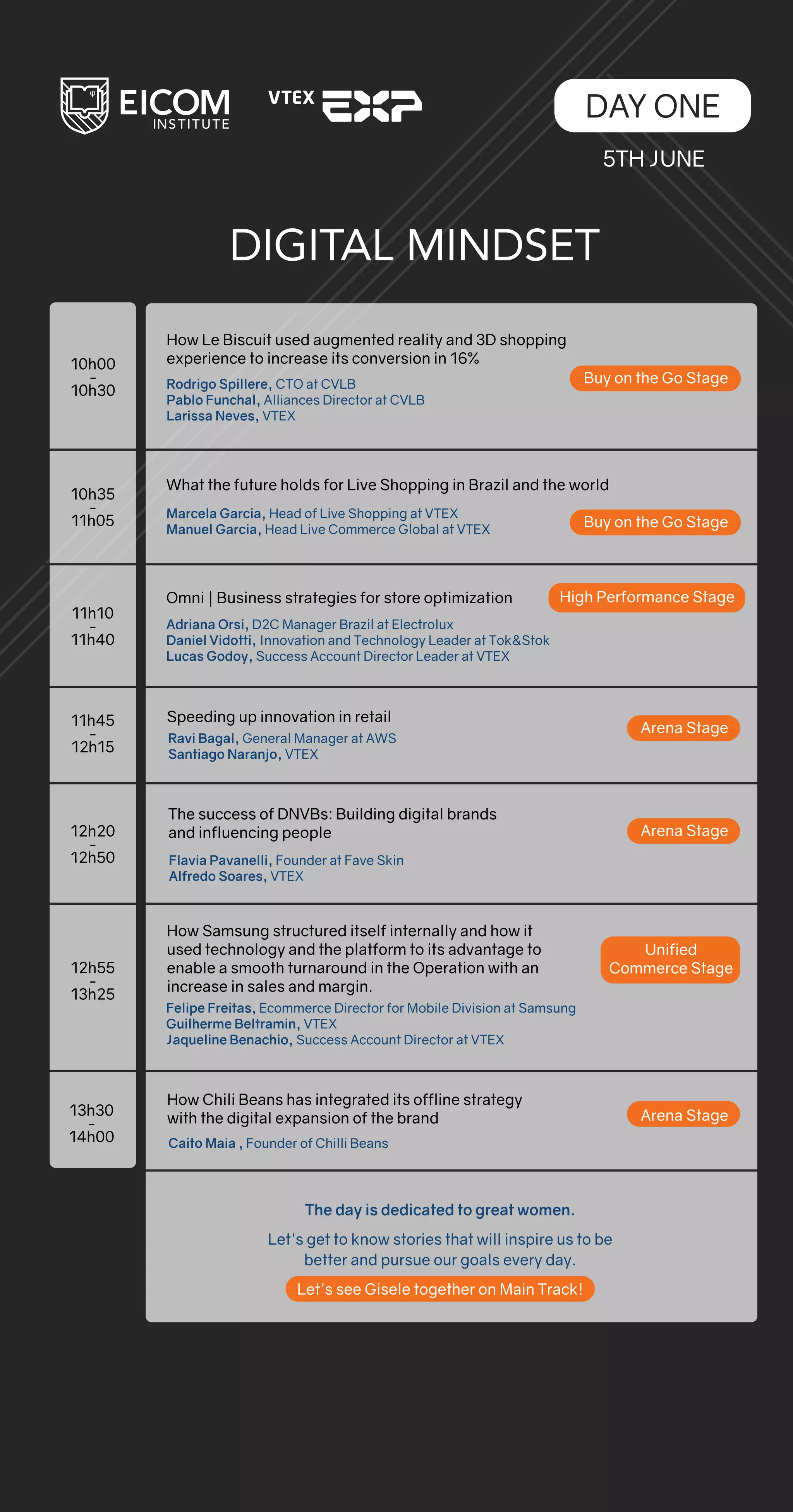 DIGITAL MINDSET
DAY ONE
What the future holds for Live Shopping in Brazil and the world
Marcela Garcia, Head of Live Shopping at VTEX
Manuel Garcia, Head Live Commerce Global at VTEX
Omni | Business strategies for store optimization
Adriana Orsi, D2C Manager Brazil at Electrolux
Daniel Vidotti, Innovation and Technology Leader at Tok&Stok
Lucas Godoy, Success Account Director Leader at VTEX
Ravi Bagal, General Manager at AWS
Santiago Naranjo, VTEX
10h35
-
11h05
11h10
-
11h40
11h45
-
12h15
12h20
-
12h50
12h55
-
13h25
Speeding up innovation in retail
Arena Stage
Flavia Pavanelli, Founder at Fave Skin
Alfredo Soares, VTEX
The success of DNVBs: Building digital brands
and influencing people Arena Stage
Felipe Freitas, Ecommerce Director for Mobile Division at Samsung
Guilherme Beltramin, VTEX
Jaqueline Benachio, Success Account Director at VTEX
How Samsung structured itself internally and how it
used technology and the platform to its advantage to
enable a smooth turnaround in the Operation with an
increase in sales and margin.
Unified
Commerce Stage
How Le Biscuit used augmented reality and 3D shopping
experience to increase its conversion in 16%
Rodrigo Spillere, CTO at CVLB
Pablo Funchal, Alliances Director at CVLB
Larissa Neves, VTEX
10h00
-
10h30
Buy on the Go Stage
Buy on the Go Stage
Arena Stage
The day is dedicated to great women.
Let's get to know stories that will inspire us to be
better and pursue our goals every day.
Let's see Gisele together on Main Track!
5TH JUNE
High Performance Stage
13h30
-
14h00 Caito Maia , Founder of Chilli Beans
How Chili Beans has integrated its offline strategy
with the digital expansion of the brand
 