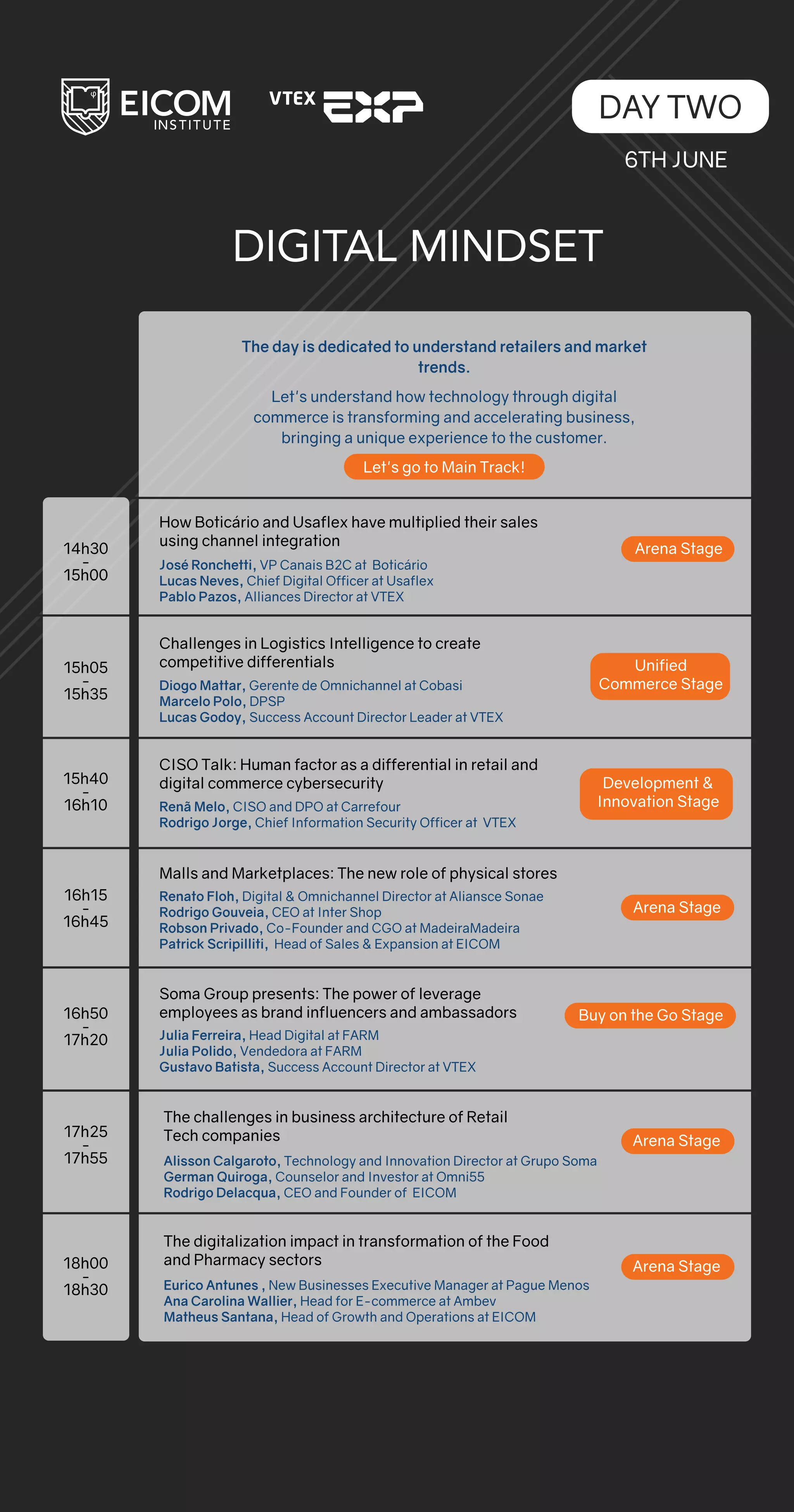 DAY TWO
6TH JUNE
DIGITAL MINDSET
Buy on the Go Stage
How Boticário and Usaflex have multiplied their sales
using channel integration
José Ronchetti, VP Canais B2C at Boticário
Lucas Neves, Chief Digital Officer at Usaflex
Pablo Pazos, Alliances Director at VTEX
Challenges in Logistics Intelligence to create
competitive differentials
Diogo Mattar, Gerente de Omnichannel at Cobasi
Marcelo Polo, DPSP
Lucas Godoy, Success Account Director Leader at VTEX
CISO Talk: Human factor as a differential in retail and
digital commerce cybersecurity
Renã Melo, CISO and DPO at Carrefour
Rodrigo Jorge, Chief Information Security Officer at VTEX
14h30
-
15h00
15h05
-
15h35
15h40
-
16h10
16h15
-
16h45
16h50
-
17h20
17h25
-
17h55
Arena Stage
Renato Floh, Digital & Omnichannel Director at Aliansce Sonae
Rodrigo Gouveia, CEO at Inter Shop
Robson Privado, Co-Founder and CGO at MadeiraMadeira
Patrick Scripilliti, Head of Sales & Expansion at EICOM
Malls and Marketplaces: The new role of physical stores
Julia Ferreira, Head Digital at FARM
Julia Polido, Vendedora at FARM
Gustavo Batista, Success Account Director at VTEX
Soma Group presents: The power of leverage
employees as brand influencers and ambassadors
Arena Stage
Development &
Innovation Stage
18h00
-
18h30
Arena Stage
Arena Stage
The day is dedicated to understand retailers and market
trends.
Let's understand how technology through digital
commerce is transforming and accelerating business,
bringing a unique experience to the customer.
Let's go to Main Track!
Unified
Commerce Stage
Alisson Calgaroto, Technology and Innovation Director at Grupo Soma
German Quiroga, Counselor and Investor at Omni55
Rodrigo Delacqua, CEO and Founder of EICOM
The challenges in business architecture of Retail
Tech companies
Eurico Antunes , New Businesses Executive Manager at Pague Menos
Ana Carolina Wallier, Head for E-commerce at Ambev
Matheus Santana, Head of Growth and Operations at EICOM
The digitalization impact in transformation of the Food
and Pharmacy sectors
 