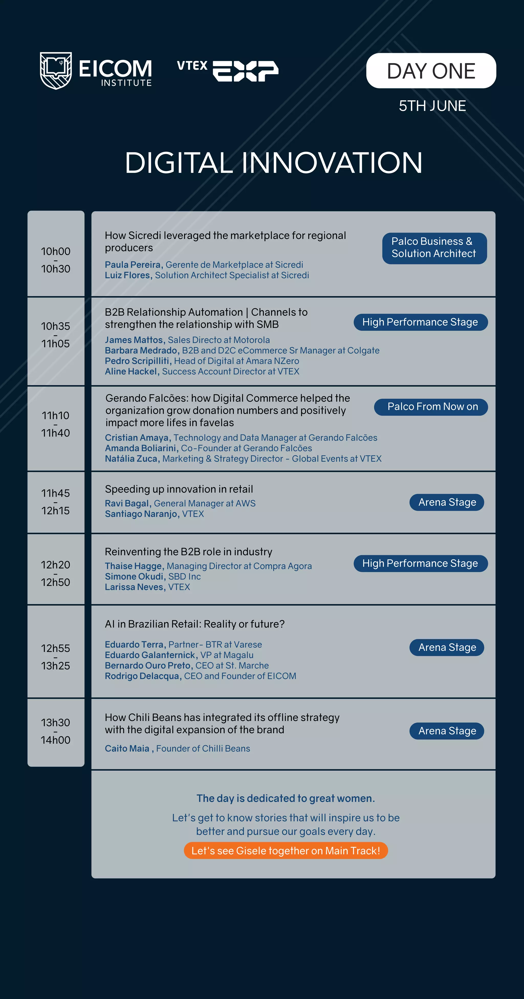 DIGITAL INNOVATION
DAY ONE
10h35
-
11h05
11h10
-
11h40
11h45
-
12h15
12h20
-
12h50
12h55
-
13h25
13h30
-
14h00
Arena Stage
Arena Stage
Arena Stage
Eduardo Terra, Partner- BTR at Varese
Eduardo Galanternick, VP at Magalu
Bernardo Ouro Preto, CEO at St. Marche
Rodrigo Delacqua, CEO and Founder of EICOM
AI in Brazilian Retail: Reality or future?
How Sicredi leveraged the marketplace for regional
producers
Paula Pereira, Gerente de Marketplace at Sicredi
Luiz Flores, Solution Architect Specialist at Sicredi
B2B Relationship Automation | Channels to
strengthen the relationship with SMB
James Mattos, Sales Directo at Motorola
Barbara Medrado, B2B and D2C eCommerce Sr Manager at Colgate
Pedro Scripilliti, Head of Digital at Amara NZero
Aline Hackel, Success Account Director at VTEX
10h00
-
10h30
Palco Business &
Solution Architect
Palco From Now on
High Performance Stage
High Performance Stage
The day is dedicated to great women.
Let's get to know stories that will inspire us to be
better and pursue our goals every day.
Let's see Gisele together on Main Track!
5TH JUNE
Ravi Bagal, General Manager at AWS
Santiago Naranjo, VTEX
Speeding up innovation in retail
Thaise Hagge, Managing Director at Compra Agora
Simone Okudi, SBD Inc
Larissa Neves, VTEX
Reinventing the B2B role in industry
Cristian Amaya, Technology and Data Manager at Gerando Falcões
Amanda Boliarini, Co-Founder at Gerando Falcões
Natália Zuca, Marketing & Strategy Director - Global Events at VTEX
Gerando Falcões: how Digital Commerce helped the
organization grow donation numbers and positively
impact more lifes in favelas
How Chili Beans has integrated its offline strategy
with the digital expansion of the brand
Caito Maia , Founder of Chilli Beans
 