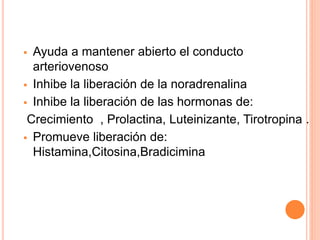  Ayuda a mantener abierto el conducto 
arteriovenoso 
 Inhibe la liberación de la noradrenalina 
 Inhibe la liberación de las hormonas de: 
Crecimiento , Prolactina, Luteinizante, Tirotropina . 
 Promueve liberación de: 
Histamina,Citosina,Bradicimina 
 