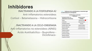 Inhibidores
INACTIVANDO A LA FOSFOLIPASA A2
Anti-inflamatorios esteroideos
Cortisol – Betametasona – Hidrocortisona
INACTIVANDO A LA CICLO-OXIGENASA
Anti-inflamatorios no esteroideos (AINES)
Ácido Acetilsalicílico – Ibuprofeno -
Diclofenaco-
 