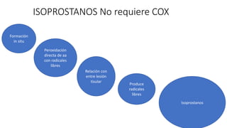 ISOPROSTANOS No requiere COX
Isoprostanos
Peroxidación
directa de aa
con radicales
libres
Formación
in situ
Relación con
entre lesión
tisular
Produce
radicales
libres
 