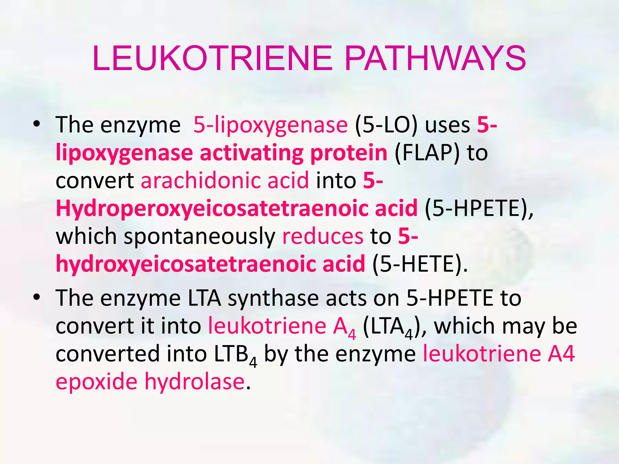 LEUKOTRIENE PATHWAYS
• The enzyme 5-lipoxygenase (5-LO) uses 5-
lipoxygenase activating protein (FLAP) to
convert arachidonic acid into 5-
Hydroperoxyeicosatetraenoic acid (5-HPETE),
which spontaneously reduces to 5-
hydroxyeicosatetraenoic acid (5-HETE).
• The enzyme LTA synthase acts on 5-HPETE to
convert it into leukotriene A4 (LTA4), which may be
converted into LTB4 by the enzyme leukotriene A4
epoxide hydrolase.
 