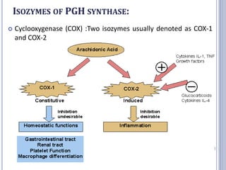 ISOZYMES OF PGH SYNTHASE:
 Cyclooxygenase (COX) :Two isozymes usually denoted as COX-1
and COX-2
14
 