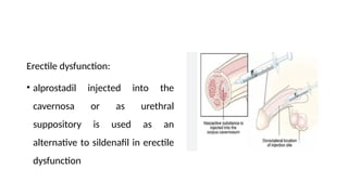 Erectile dysfunction:
• alprostadil injected into the
cavernosa or as urethral
suppository is used as an
alternative to sildenafil in erectile
dysfunction
 