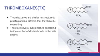 THROMBOXANES(TX)
★ Thromboxanes are similar in structure to
prostaglandins, differ in that they have 6 -
oxane ring.
★ There are several types named according
to the number of double bonds in the side
chains.
 