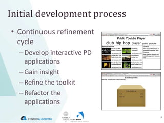 Initial development process
• Continuous refinement
  cycle
  – Develop interactive PD
    applications
  – Gain insight
  – Refine the toolkit
  – Refactor the
    applications
                              14
 