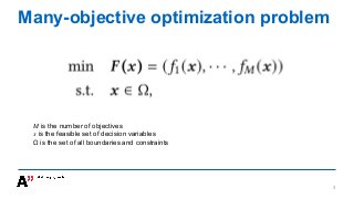 Many-objective optimization problem
𝑀 is the number of objectives
𝑥 is the feasible set of decision variables
Ω is the set of all boundaries and constraints
3
 