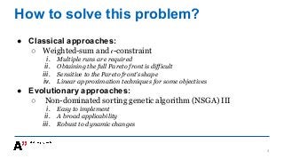 How to solve this problem?
● Classical approaches:
○ Weighted-sum and 𝜖-constraint
i. Multiple runs are required
ii. Obtaining the full Pareto front is difficult
iii. Sensitive to the Pareto front’s shape
iv. Linear approximation techniques for some objectives
● Evolutionary approaches:
○ Non-dominated sorting genetic algorithm (NSGA) III
i. Easy to implement
ii. A broad applicability
iii. Robust to dynamic changes
4
 