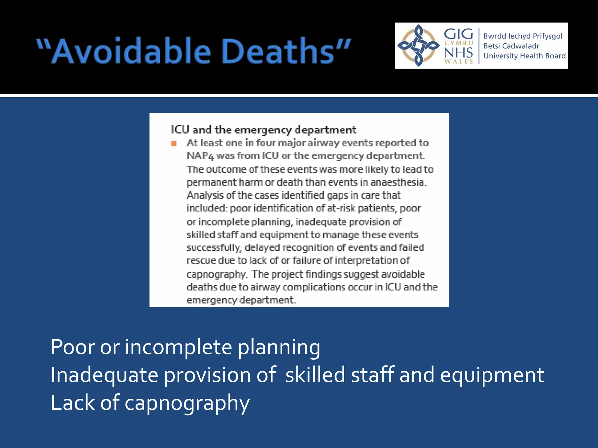 Poor or incomplete planning
Inadequate provision of skilled staff and equipment
Lack of capnography
 