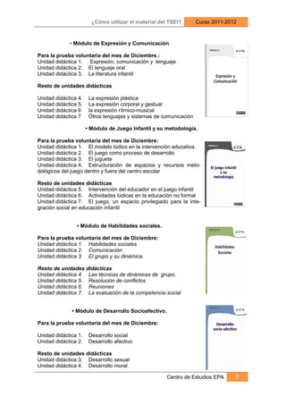 ¿Cómo utilizar el material del TSEI?        Curso 2011-2012



             • Módulo de Expresión y Comunicación

Para la prueba voluntaria del mes de Diciembre.:
Unidad didáctica 1. Expresión, comunicación y lenguaje
Unidad didáctica 2. El lenguaje oral
Unidad didáctica 3. La literatura infantil

Resto de unidades didácticas

Unidad didáctica 4.    La expresión plástica
Unidad didáctica 5.    La expresión corporal y gestual
Unidad didáctica 6     la expresión rítmico-musical
Unidad didáctica 7     Otros lenguajes y sistemas de comunicación

                      • Módulo de Juego Infantil y su metodología.

Para la prueba voluntaria del mes de Diciembre:
Unidad didáctica 1. El modelo lúdico en la intervención educativa.
Unidad didáctica 2. El juego como proceso de desarrollo
Unidad didáctica 3. El juguete
Unidad didáctica 4. Estructuración de espacios y recursos meto-
dológicos del juego dentro y fuera del centro escolar

Resto de unidades didácticas
Unidad didáctica 5. Intervención del educador en el juego infantil
Unidad didáctica 6. Actividades lúdicas en la educación no formal
Unidad didáctica 7. El juego, un espacio privilegiado para la inte-
gración social en educación infantil


                • Módulo de Habilidades sociales.

Para la prueba voluntaria del mes de Diciembre:
Unidad didáctica 1. Habilidades sociales
Unidad didáctica 2. Comunicación
Unidad didáctica 3. El grupo y su dinámica.

Resto de unidades didácticas
Unidad didáctica 4. Las técnicas de dinámicas de grupo.
Unidad didáctica 5. Resolución de conflictos
Unidad didáctica 6. Reuniones
Unidad didáctica 7. La evaluación de la competencia social


              • Módulo de Desarrollo Socioafectivo.

Para la prueba voluntaria del mes de Diciembre:

Unidad didáctica 1.    Desarrollo social
Unidad didáctica 2.    Desarrollo afectivo

Resto de unidades didácticas
Unidad didáctica 3. Desarrollo sexual
Unidad didáctica 4. Desarrollo moral

                                                      Centro de Estudios EPA      7
 