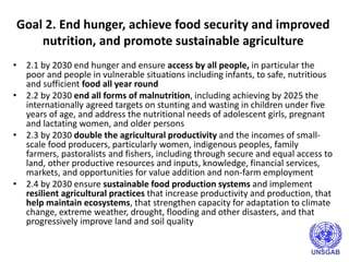 Goal 2. End hunger, achieve food security and improved
nutrition, and promote sustainable agriculture
• 2.1 by 2030 end hunger and ensure access by all people, in particular the
poor and people in vulnerable situations including infants, to safe, nutritious
and sufficient food all year round
• 2.2 by 2030 end all forms of malnutrition, including achieving by 2025 the
internationally agreed targets on stunting and wasting in children under five
years of age, and address the nutritional needs of adolescent girls, pregnant
and lactating women, and older persons
• 2.3 by 2030 double the agricultural productivity and the incomes of small-
scale food producers, particularly women, indigenous peoples, family
farmers, pastoralists and fishers, including through secure and equal access to
land, other productive resources and inputs, knowledge, financial services,
markets, and opportunities for value addition and non-farm employment
• 2.4 by 2030 ensure sustainable food production systems and implement
resilient agricultural practices that increase productivity and production, that
help maintain ecosystems, that strengthen capacity for adaptation to climate
change, extreme weather, drought, flooding and other disasters, and that
progressively improve land and soil quality
 