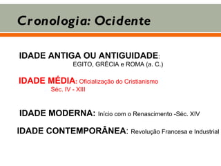 Cronologia: Ocidente IDADE ANTIGA OU ANTIGUIDADE : EGITO, GRÉCIA e ROMA (a. C.) IDADE MÉDIA :  Oficialização do Cristianismo Séc. IV - XIII IDADE MODERNA:  Início com o Renascimento -Séc. XIV IDADE CONTEMPORÂNEA :  Revolução Francesa e Industrial 