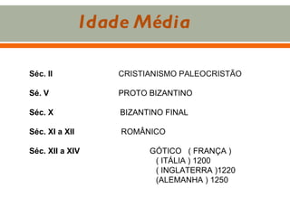 Idade Média Séc. II    CRISTIANISMO PALEOCRISTÃO Sé. V    PROTO BIZANTINO Séc. X  BIZANTINO FINAL Séc. XI a XII  ROMÂNICO Séc. XII a XIV    GÓTICO  ( FRANÇA )  ( ITÁLIA ) 1200 ( INGLATERRA )1220 (ALEMANHA ) 1250 
